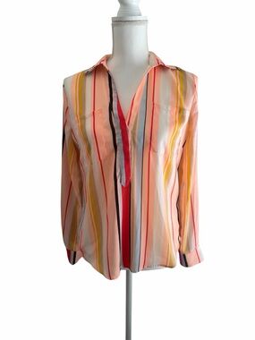 Striped V-Neck Button-Front Blouse - Peach Multi
